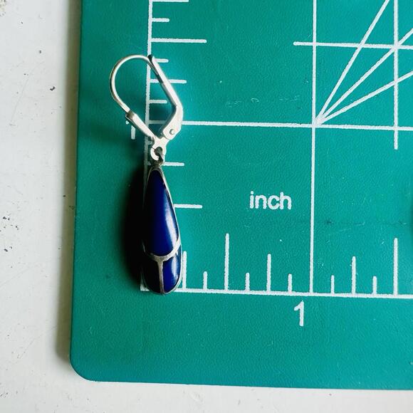 Sterling w Inlaid Blue Lapis .75” Southwest Drop Earrings - Picture 3 of 7